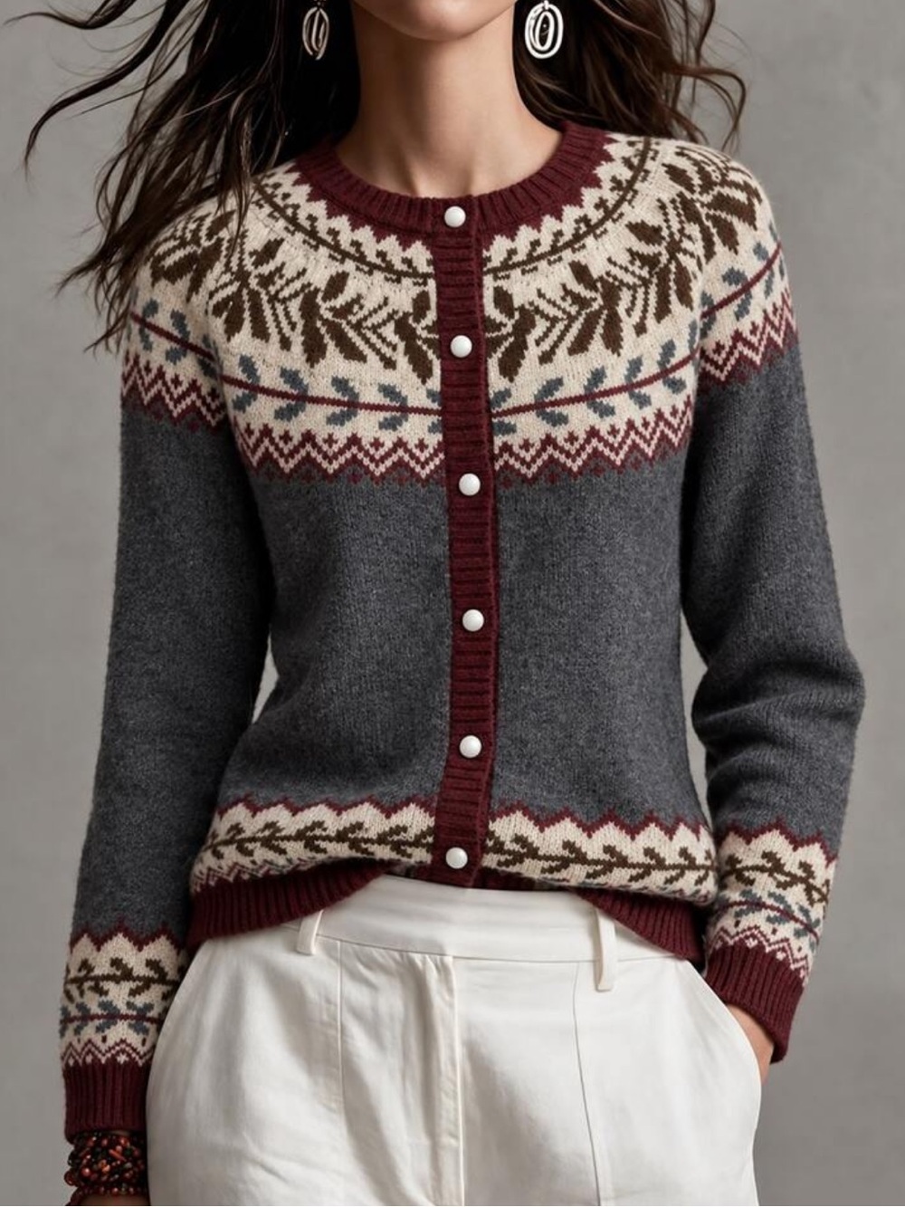 Women's Fair Isle Button-Up Cardigan Sweater in Charcoal and Burgundy